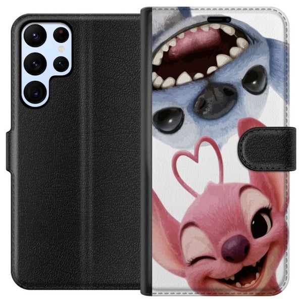 Yhteensopiva Lompakkokotelo Samsung Galaxy S22 Ultra 5G Leikkisät Stitch ja Angel lähikuvassa suurine nauruineen ja sydämenmuotoisine yksityiskohtine