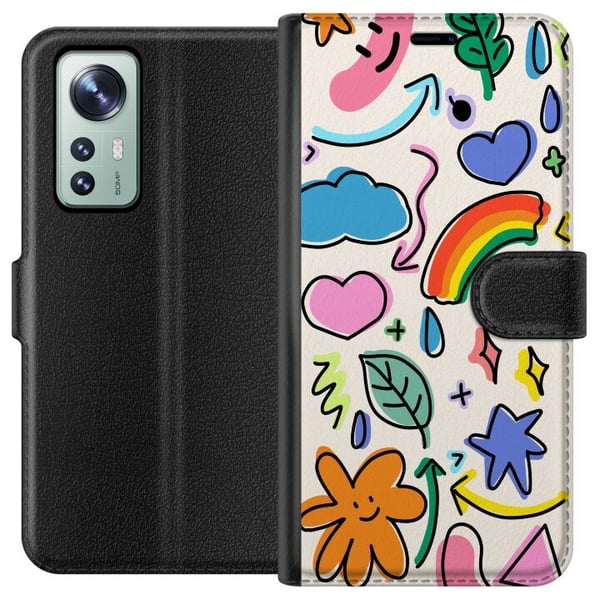 Yhteensopiva Lompakkokotelo Xiaomi 12 Doodle-kuvitus, jossa on tähtiä, sydämiä, sateenkaari, pilviä, lehtiä ja nuolia – täydellinen sinulle, joka pid