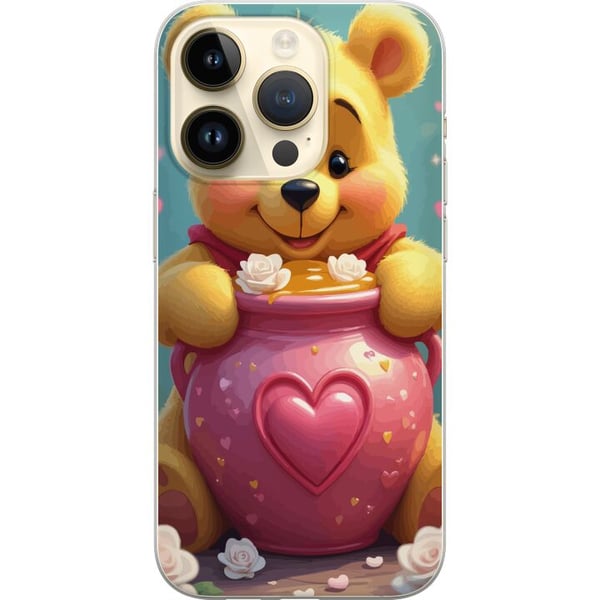 Kompatibel Mobilcover til Apple iPhone 14 Pro Sød gul bjørn inspireret af Peter Plys med hjerteformet lyserødt glas og honning, et varmt og charmeren