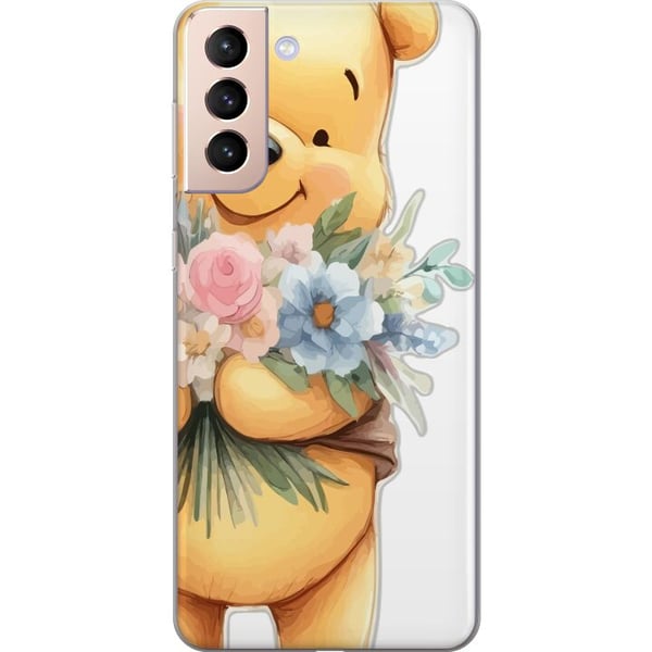 Kompatibelt Mobildeksel til Samsung Galaxy S21 Nalle Puh med blomster - klassisk barnefavoritt i en blomstrende vår miljø