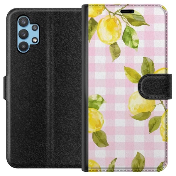 Kompatibelt Plånboksfodral till Samsung Galaxy A32 5G Lemon pink gingham pattern – citronmönster med rosa rutigt motiv i pastell och somrig estetisk