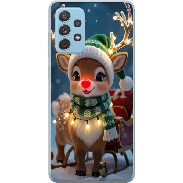 Kompatibelt Mobildeksel til Samsung Galaxy A52 5G Julete reinsdyr med lysende horn, rød nese og strikket grønn lue står foran en slede i et snødekt m Kompatibelt Mobildeksel til Samsung Galaxy A52 5G Julete reinsdyr med lysende horn, rød nese og strikket grønn lue står foran en slede i et snødekt m