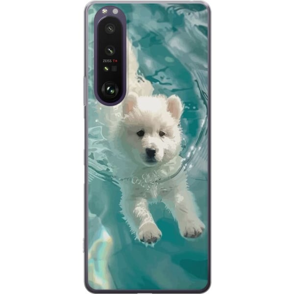 Yhteensopiva Puhelinkuori Sony Xperia 1 III Koiranpentu vedessä valkoinen pentukoira uima-allas sininen turkoosi kesäaihe söpö lemmikkikuvitus design