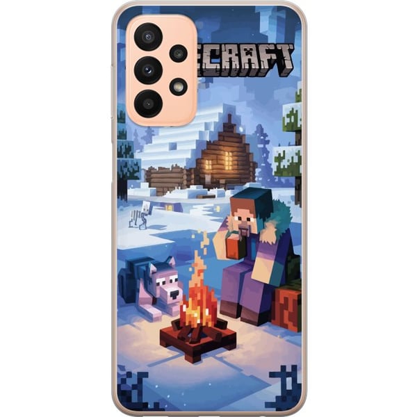 Kompatibelt Mobildeksel til Samsung Galaxy A23 Minecraft-vintermotiv med Steve, ulv, leirbål og snødekt hytte, spillillustrasjon for Minecraft-fans
