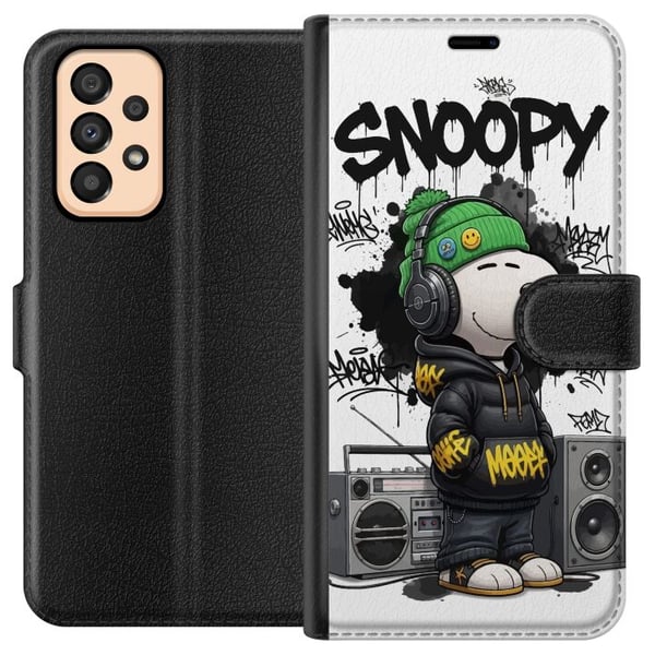 Yhteensopiva Lompakkokotelo Samsung Galaxy A33 5G Streetwear-tyyliin pukeutunut Snoopy, kuulokkeet päässään ja graffitityylisenä, seisoo boomboxin vi
