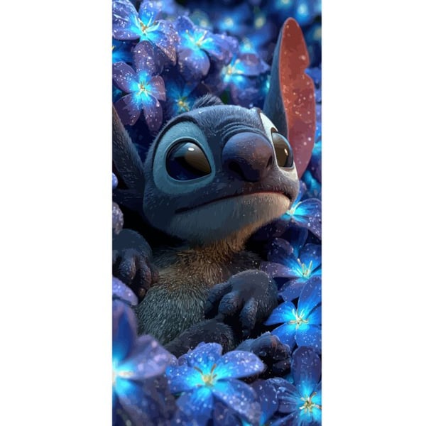 Yhteensopiva Lompakkokotelo Apple iPhone 13 Pro Stitch sinisten kukkien keskellä Unenomainen sininen design, jossa Stitch on kukkien keskellä yön val