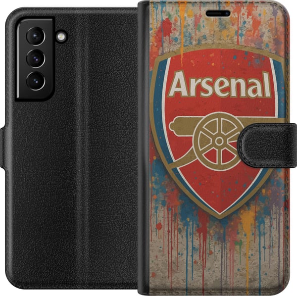Kompatibelt Plånboksfodral till Samsung Galaxy S21+ 5G Arsenal konstmotiv i rött och vitt med färgstänk perfekt för fotbollsfans som älskar konst och