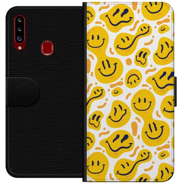 Kompatibelt Plånboksfodral till Samsung Galaxy A20s Lekfullt smileymönster med gula former i modern grafisk stil