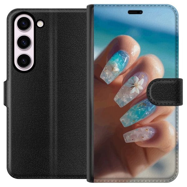 Kompatibel Tegnebogsetui til Samsung Galaxy S23 Negledesignillustration – Blå glitter med blomst, havinspireret motiv