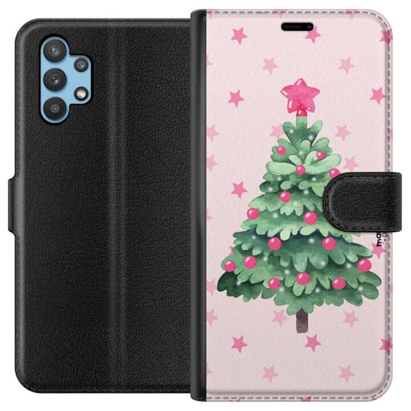 Kompatibelt Plånboksfodral till Samsung Galaxy A32 5G Akvarell julgran i rosa toner med stjärnor och kulor ett charmigt och mjukt julmotiv som passar Kompatibelt Plånboksfodral till Samsung Galaxy A32 5G Akvarell julgran i rosa toner med stjärnor och kulor ett charmigt och mjukt julmotiv som passar