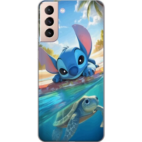 Kompatibelt Mobildeksel til Samsung Galaxy S21 Stitch med skilpadde - søt blå alien i tropisk strandmiljø fra Disney