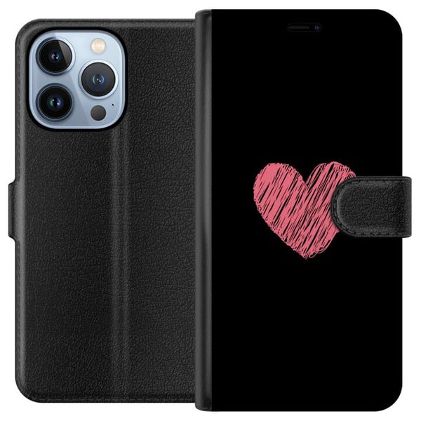 Yhteensopiva Lompakkokotelo Apple iPhone 13 Pro Käsin piirretty vaaleanpunainen sydän mustalla minimalistisella taustalla