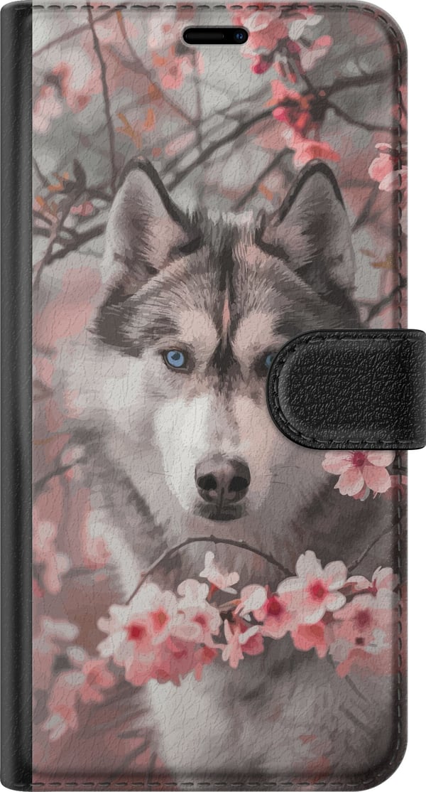 Yhteensopiva Lompakkokotelo Samsung Galaxy S23 FE Siperianhusky juliste koira siniset silmät kirsikankukat koira susi luonto eläin kukat söpö retro d