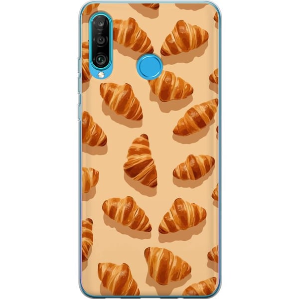 Kompatibelt Mobilskal till Huawei P30 lite Croissantmönster med gyllenbruna franska bakverk beige bakgrund caféinspirerad illustration elegant varm s