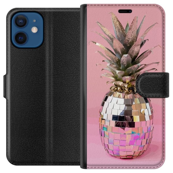 Kompatibelt Lommeboketui til Apple iPhone 12 Disco Pineapple ananas i speilmosaikk popkunst rosa bakgrunn glitrende tropisk design