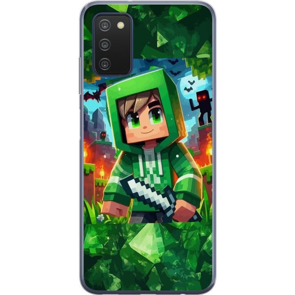 Kompatibelt Mobildeksel til Samsung Galaxy A03s Minecraft-gutten med grønn hettegenser – tegnet Minecraft-gutt med sverd, piksler og eventyrtema