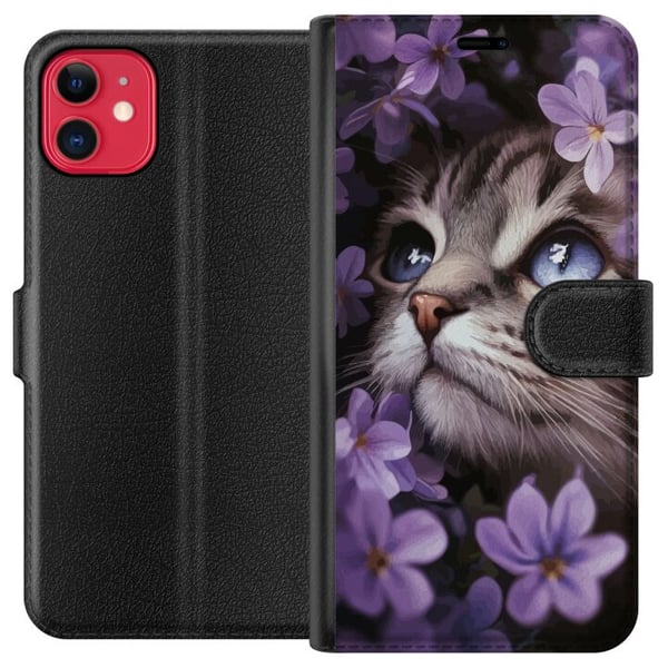 Kompatibel Tegnebogsetui til Apple iPhone 11 Kat og blomster Kompatibel Tegnebogsetui til Apple iPhone 11 Kat og blomster