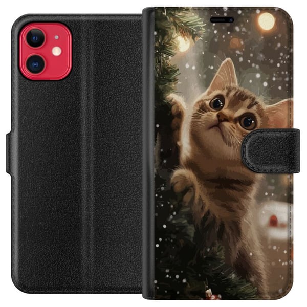 Kompatibel Tegnebogsetui til Apple iPhone 11 Kat, der klatrer i juletræ med snefald, hyggeligt vinterdesign perfekt til katte- og juleelskere Kompatibel Tegnebogsetui til Apple iPhone 11 Kat, der klatrer i juletræ med snefald, hyggeligt vinterdesign perfekt til katte- og juleelskere