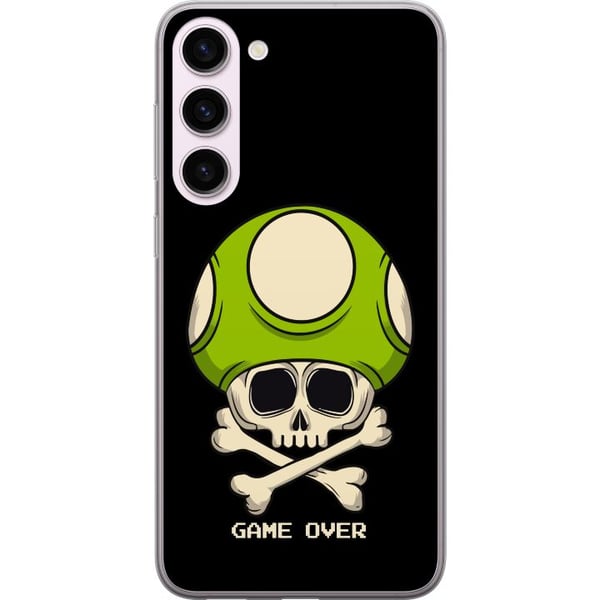 Kompatibel Mobilcover til Samsung Galaxy S23+ Spilinspireret motiv med dødningehoved og grøn svamp i retrostil med teksten game over Kompatibel Mobilcover til Samsung Galaxy S23+ Spilinspireret motiv med dødningehoved og grøn svamp i retrostil med teksten game over