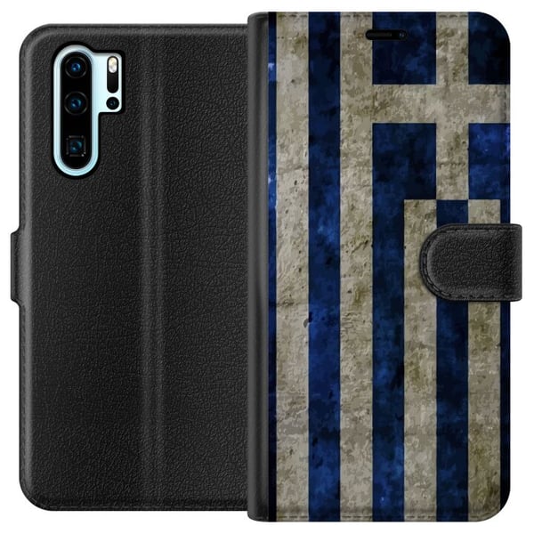 Yhteensopiva Lompakkokotelo Huawei P30 Pro Kreikan lippuaiheinen taide sinivalkoisella vintagekuviolla Kreikasta ja klassisesta muotoilusta pitäville