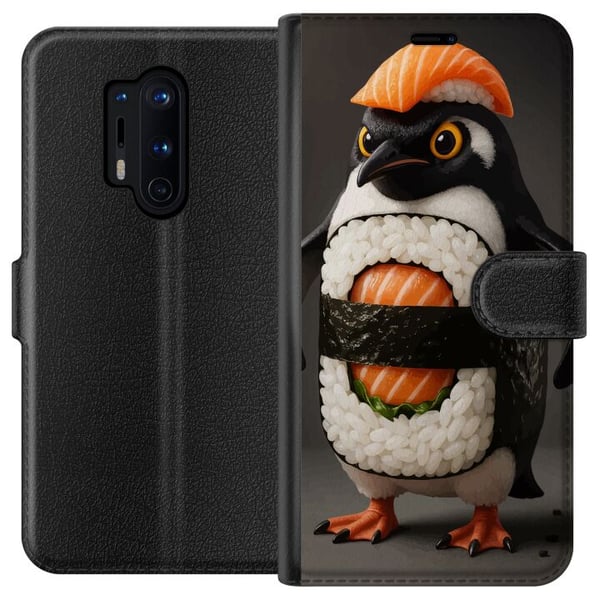 Yhteensopiva Lompakkokotelo OnePlus 8 Pro Sushipingviinidesign – Luova kawaii-aihe, jossa on lohta, riisiä ja merilevää