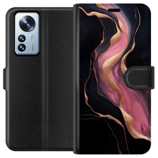 Yhteensopiva Lompakkokotelo Xiaomi 12 Pro Abstrakteja mustia aaltoja, joissa on vaaleanpunaisia juovia ja kullanväriset reunat, kuin valuvaa marmoria