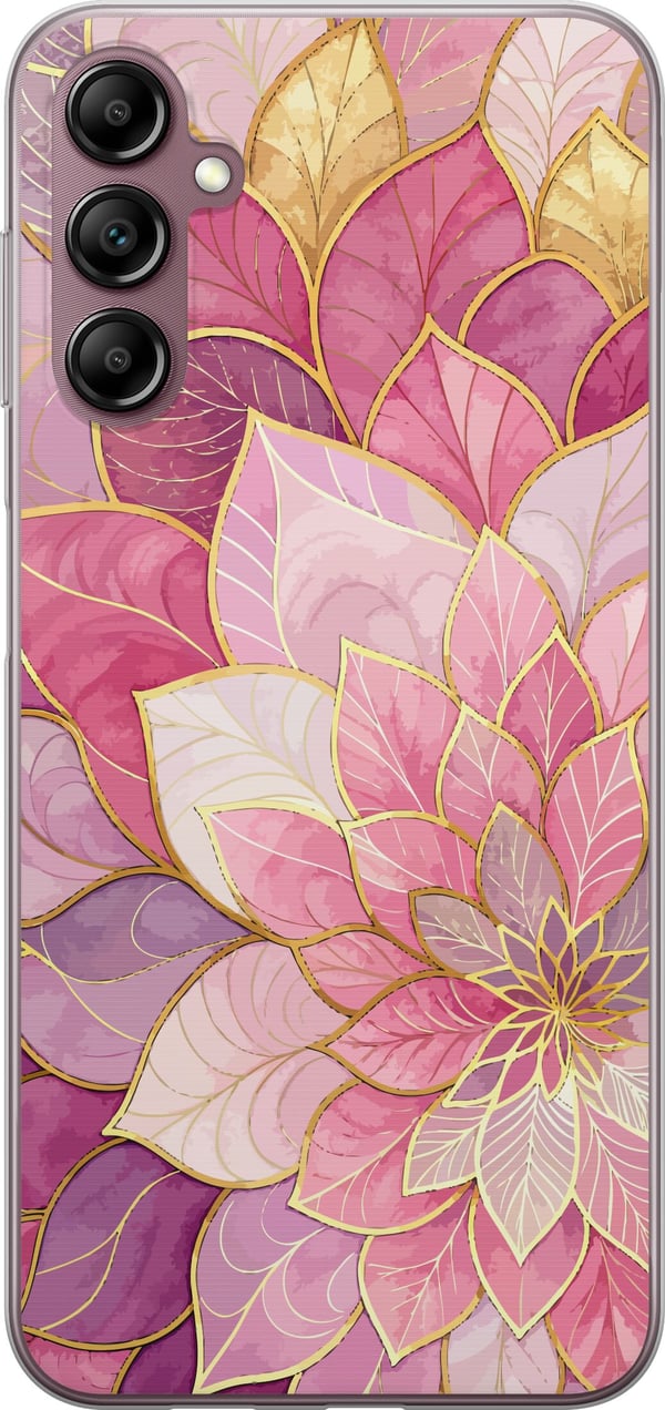 Kompatibelt Mobilskal till Samsung Galaxy A14 5G Blommig mandala – Rosa och lila mönster med gyllene detaljer illustration