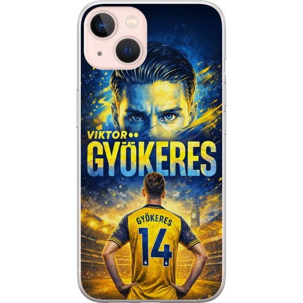 Kompatibelt Mobilskal till Apple iPhone 13 Viktor Gyökeres fotbollsposter i gul-blå färgskala med dramatisk stadionbakgrund, sportillustration för fa