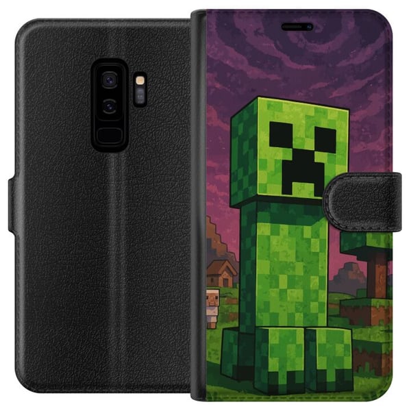 Kompatibelt Plånboksfodral till Samsung Galaxy S9+ Blockig grön figur i pixlad fantasivärld med träd hus och djur i retro spelmiljö Kompatibelt Plånboksfodral till Samsung Galaxy S9+ Blockig grön figur i pixlad fantasivärld med träd hus och djur i retro spelmiljö