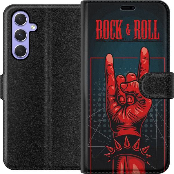 Kompatibel Tegnebogsetui til Samsung Galaxy A54 Rock &amp; Roll-design – Rødt og sort motiv med klassisk hardrocktema