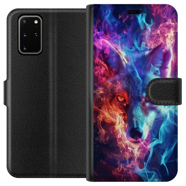 Kompatibelt Plånboksfodral till Samsung Galaxy S20+ Intensiv varg med blå och orange eld runt ansiktet i kraftfull fantasyillustration Kompatibelt Plånboksfodral till Samsung Galaxy S20+ Intensiv varg med blå och orange eld runt ansiktet i kraftfull fantasyillustration