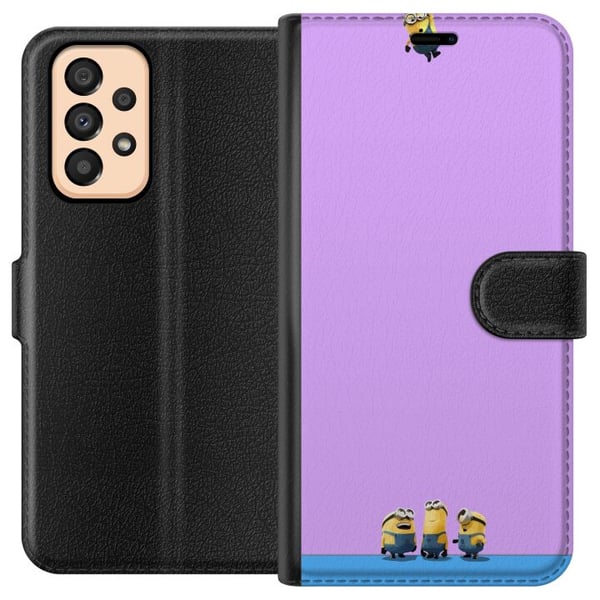 Kompatibelt Plånboksfodral till Samsung Galaxy A33 5G Minions illustration med lila och blå bakgrund humoristiskt filmtema för fans av roliga karaktä