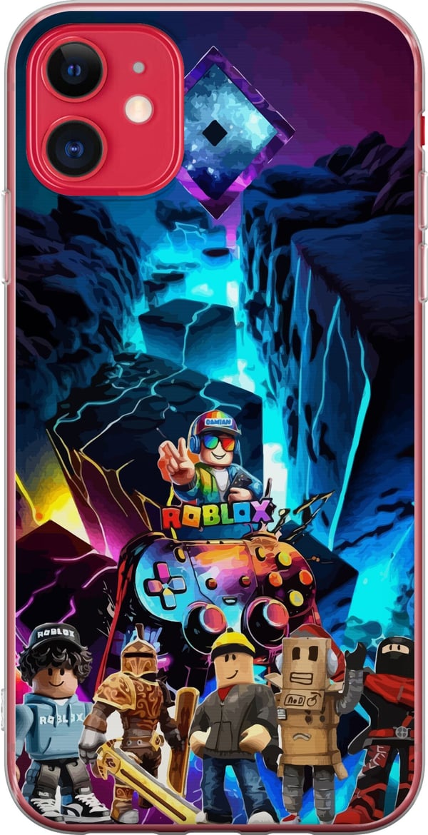 Yhteensopiva Puhelinkuori Apple iPhone 11 Roblox-futuristinen neonmaailma, jossa on peliohjaimia, hahmoja ja valotehosteita – täydellinen kaikille pe