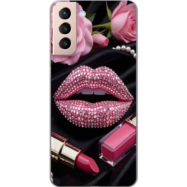 Yhteensopiva Puhelinkuori Samsung Galaxy S21 vaaleanpunainen glitter huulet meikki timantit ruusut kynsilakka muoti glamour kauneus juliste vaaleanpu