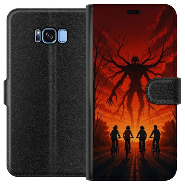 Yhteensopiva Lompakkokotelo Samsung Galaxy S8 Tumma Stranger Things -henkinen kauhuillustratsioon, jossa on punainen taivas, uhkaava hirviö ja pyöräi Yhteensopiva Lompakkokotelo Samsung Galaxy S8 Tumma Stranger Things -henkinen kauhuillustratsioon, jossa on punainen taivas, uhkaava hirviö ja pyöräi