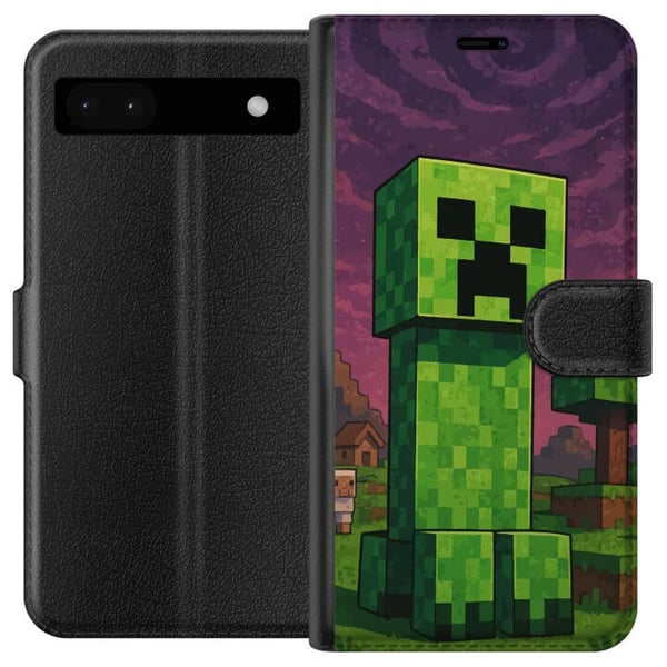 Yhteensopiva Lompakkokotelo Google Pixel 6a Lohkomainen vihreä hahmo pikselöidyssä fantasiamaailmassa, jossa on puita, taloja ja eläimiä retrospelima