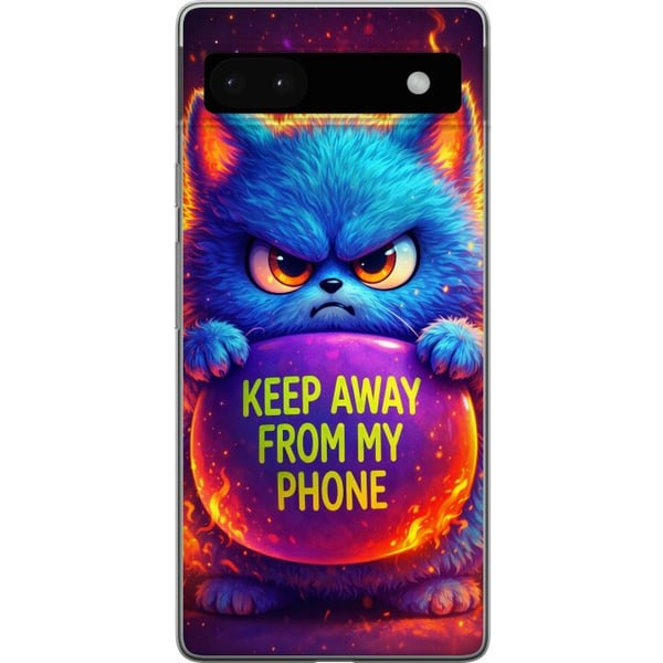 Kompatibel Mobilcover til Google Pixel 6a Vred, lodden blå kat med teksten Keep Away From My Phone i neonfarver og flammelignende effekter, humoristi