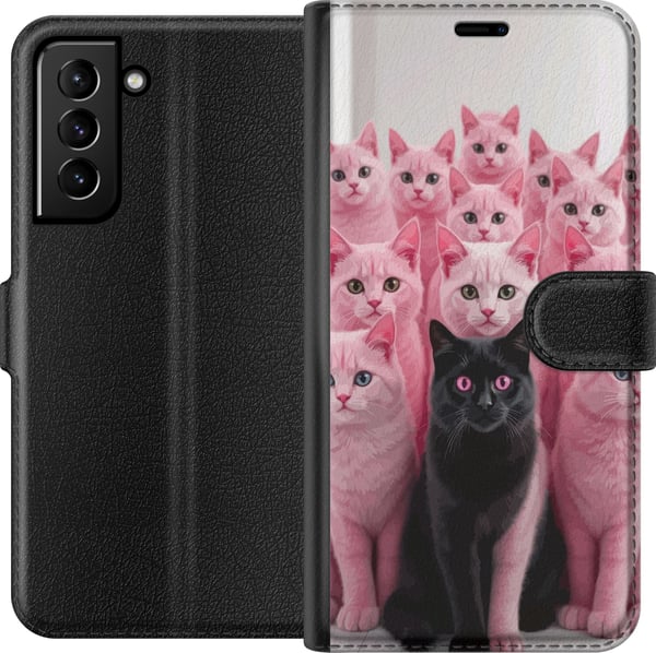 Kompatibelt Plånboksfodral till Samsung Galaxy S21+ 5G Svart katt bland rosa katter rolig kontrastfylld design med lekfull charm och trendig färgkomb