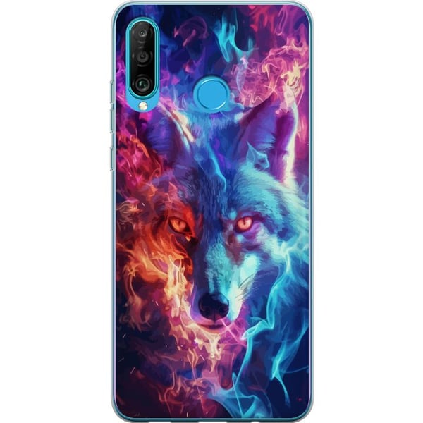Kompatibelt Mobilskal till Huawei P30 lite Intensiv varg med blå och orange eld runt ansiktet i kraftfull fantasyillustration