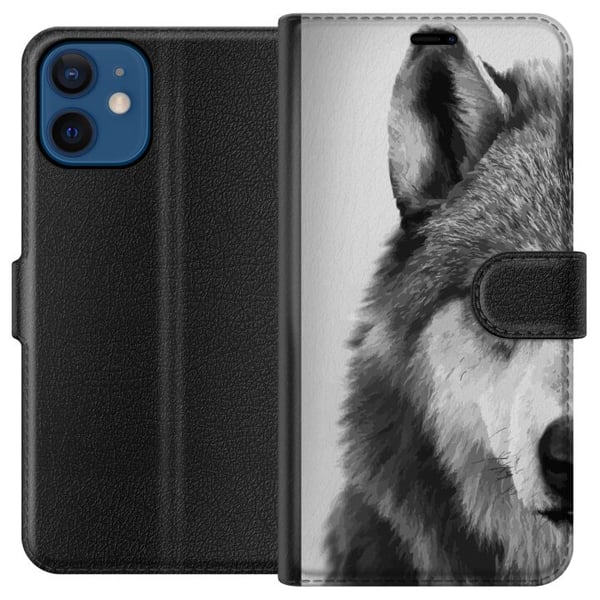Kompatibelt Lommeboketui til Apple iPhone 12 mini Svart-hvitt ulveportrett med intenst blikk, detaljert pels og kraftfull følelse, stilrent naturmoti