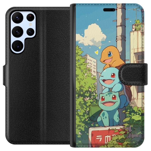 Yhteensopiva Lompakkokotelo Samsung Galaxy S22 Ultra 5G City Trio kolme iloista pientä hahmoa kaupunkiympäristössä, sininen taivas ja vihreitä puita,