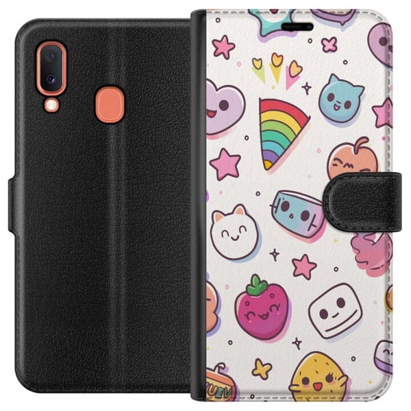 Kompatibelt Plånboksfodral till Samsung Galaxy A20e Kawaii doodle collage med söta figurer frukter stjärnor hjärtan pastellfärger och lekfull tecknad Kompatibelt Plånboksfodral till Samsung Galaxy A20e Kawaii doodle collage med söta figurer frukter stjärnor hjärtan pastellfärger och lekfull tecknad