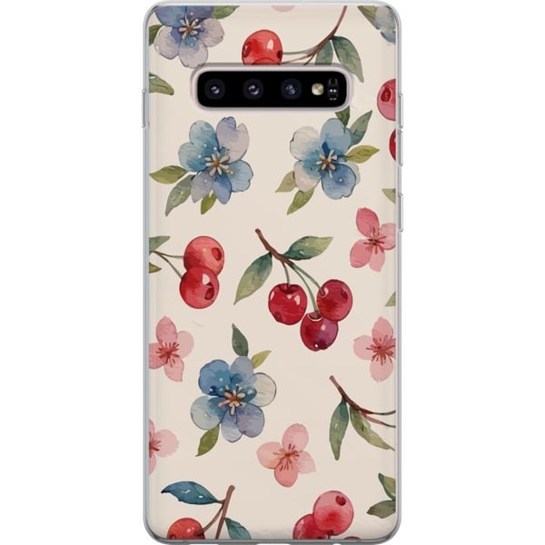 Kompatibelt Mobilskal till Samsung Galaxy S10+ Bär & Blommor – mönster med blå blommor och skogsbär