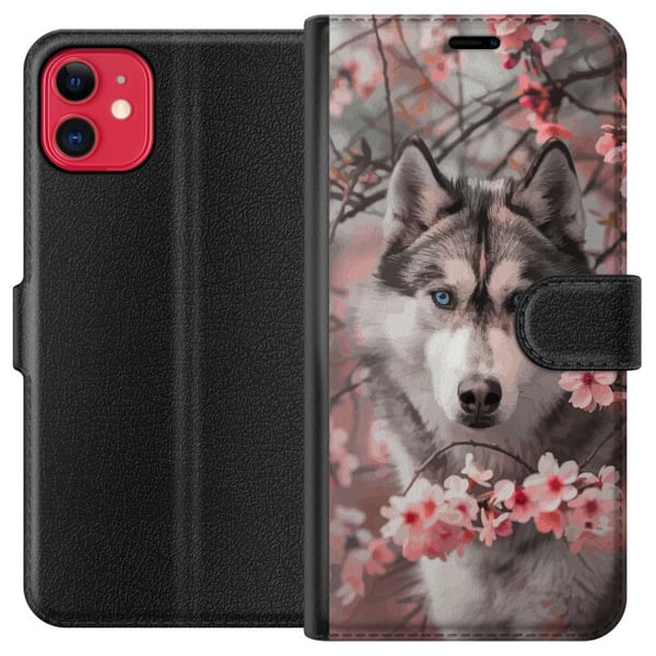 Kompatibelt Plånboksfodral till Apple iPhone 11 Husky med blå ögon bland rosa körsbärsblommor – vackert, naturinspirerat och detaljrikt motiv. Kompatibelt Plånboksfodral till Apple iPhone 11 Husky med blå ögon bland rosa körsbärsblommor – vackert, naturinspirerat och detaljrikt motiv.
