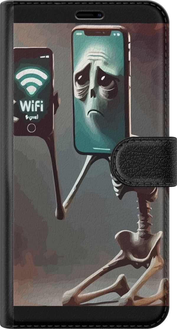 Kompatibelt Plånboksfodral till Apple iPhone SE (2016) Italian Brainrot motiv – Skelett med mobil och svagt WiFi i unik design