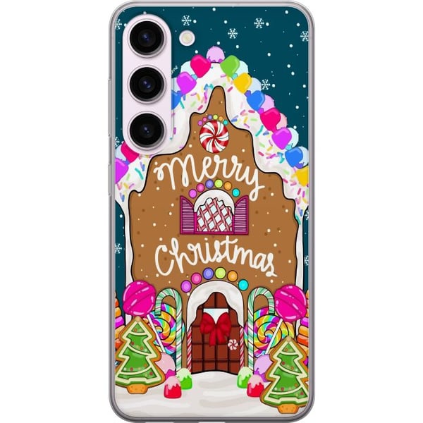 Kompatibel Mobilcover til Samsung Galaxy S23 Charmerende peberkagehus med farverigt slik, snedetaljer og teksten Merry Christmas – et hyggeligt motiv Kompatibel Mobilcover til Samsung Galaxy S23 Charmerende peberkagehus med farverigt slik, snedetaljer og teksten Merry Christmas – et hyggeligt motiv