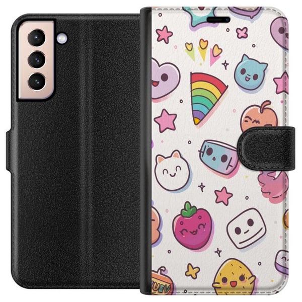 Kompatibel Tegnebogsetui til Samsung Galaxy S21 Kawaii-doodle-collage med søde figurer, frugter, stjerner, hjerter, pastelfarver og legende tegneseri
