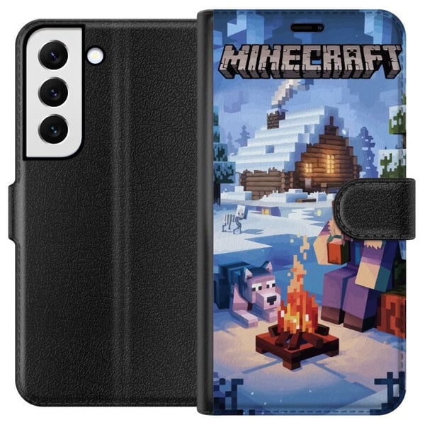 Kompatibelt Plånboksfodral till Samsung Galaxy S22 5G Minecraft vintermotiv med Steve varg lägereld och snöig stuga spelillustration för Minecraft fa