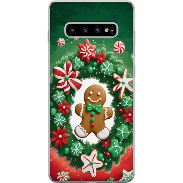 Kompatibelt Mobildeksel til Samsung Galaxy S10+ Pepperkakekrans julemotiv med krans, pepperkake og klassisk grønnrød fargetone