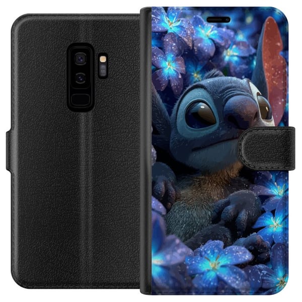 Kompatibelt Plånboksfodral till Samsung Galaxy S9+ Stitch Among Blue Blossoms Drömlik blå design med Stitch bland blommor i nattljus och mjuk känsla